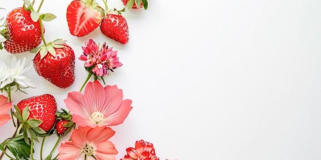 Disposizione del confine con fragole e fiori rosa su sfondo bianco con spazio per la copia