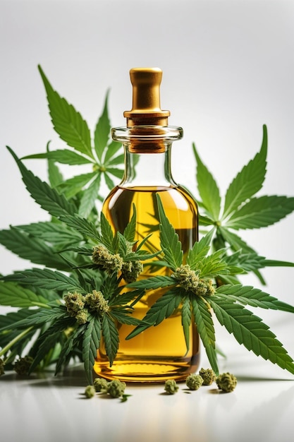 Disposizione della bottiglia di olio e foglia di cannabis