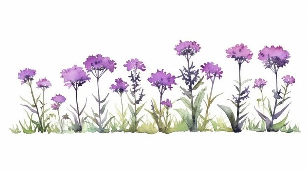 Disposizione della verbena in stile moderno su sfondo bianco e viola intenso Generative AI