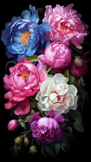 Disposizione di bellissime peonie colorate e fogliame su sfondo nero