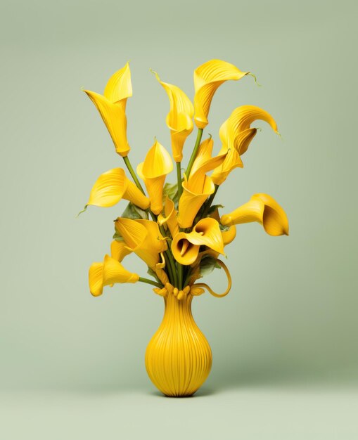 Disposizione di fiori di calla gialli in un vaso giallo sullo sfondo surreale giallo primaverile