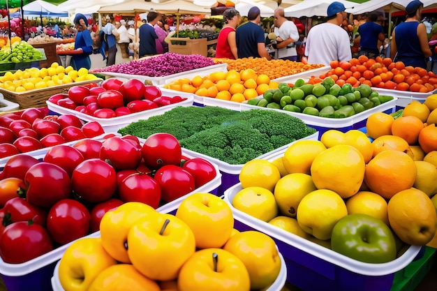 Disposizione di frutta e verdura fresca al mercato del contadino