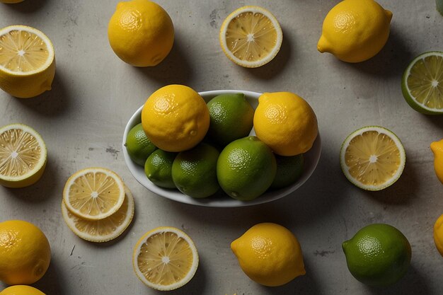 Disposizione di limoni e lime su uno sfondo semplice