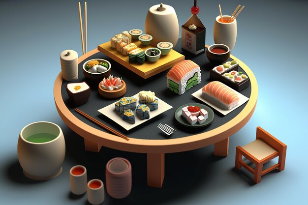 Disposizione di un tavolo con sushi e accessori in stile giapponese isolato su sfondo Ai generato