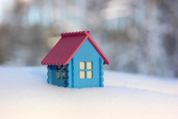 Disposizione di una casa di legno nella neve su uno sfondo invernale, un piccolo edificio blu con un tetto rosa