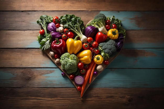 disposizione di verdure a forma di cuore su fondo di legno