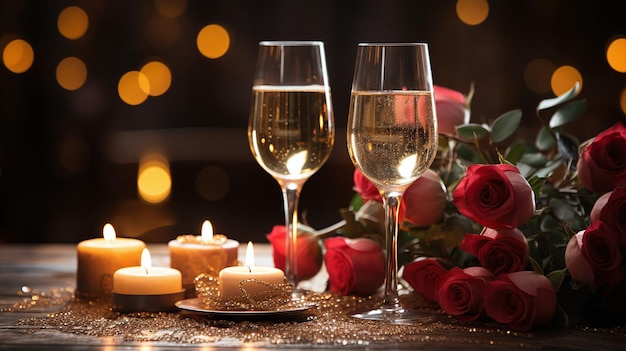 Disposizione festiva del tavolo con candele di vino frizzante e rose rosse sullo sfondo di luci dorate