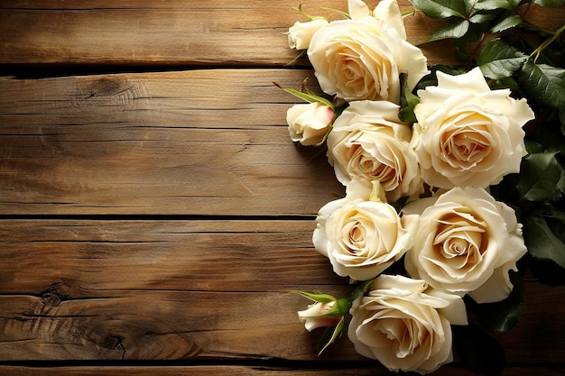 Disposizione floreale di belle rose bianche su sfondo di legno