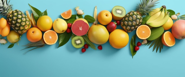 Disposizione frutti tropicali sfondo blu Immagine generata ai di alta qualità su sfondo bianco