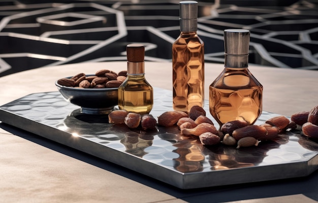 Disposizione in stile cinetico di olio di argan e datteri sul tavolo