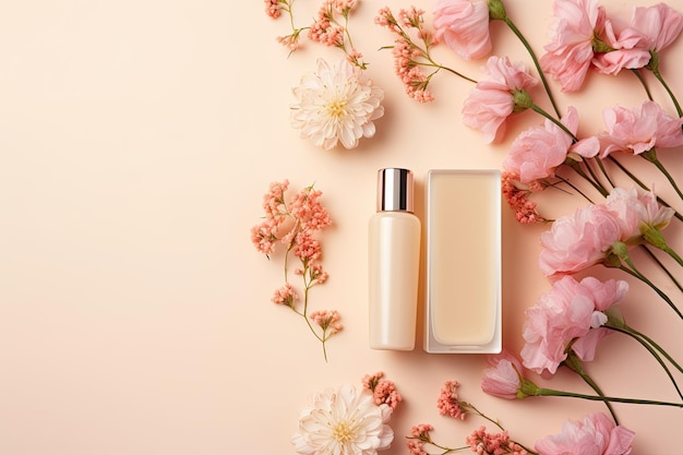 Disposizione minima di prodotti per la cura della pelle e fiori su uno sfondo beige pastello Flat lay