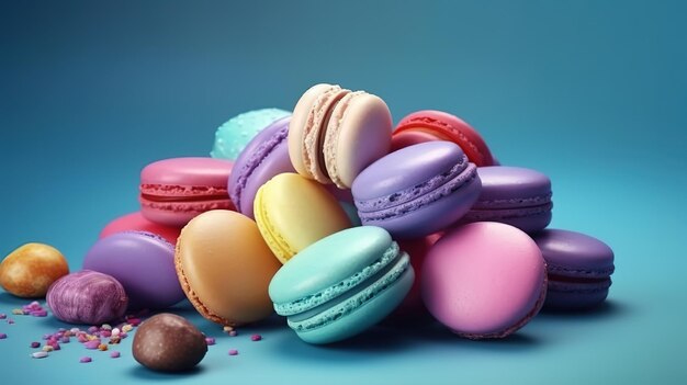 Disposizione piana dell'assortimento di macarons con rose e spazio di copia Generativo ai