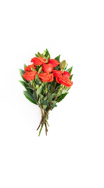 Disposizione piatta. Bouquet di rose rosse e foglie verdi su sfondo bianco.