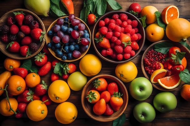 Disposizione piatta colorata di frutta e verdura fresca su sfondo di legno Arance fragole kiwi mirtilli e pomodorini Generativo ai