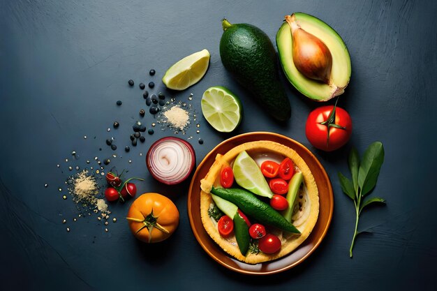 Disposizione piatta creativa con ingredienti alimentari vegetariani sani Concetto di cibo crudo con avocado