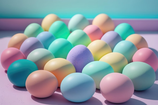 Disposizione piatta di colorate uova di gallina sfondo texture concetto di pasqua Rete neurale arte generata dall'IA