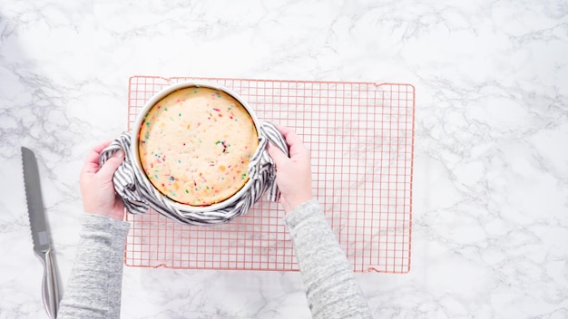 Disposizione piatta. Passo dopo passo. Raffreddare gli strati di torta funfetti appena sfornati su uno stendibiancheria.