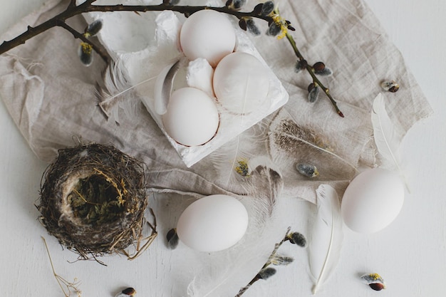 Disposizione piatta rustica di Pasqua Uova naturali piume rami di salice nidificano su tavola invecchiata