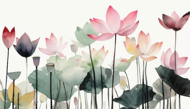 Disposizione Soft Pink Lotus su sfondo bianco per disegni moderni IA generativa