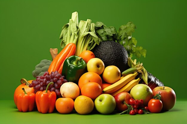 Disposizione varia di frutta e verdura fresca per una varietà alimentare nutriente