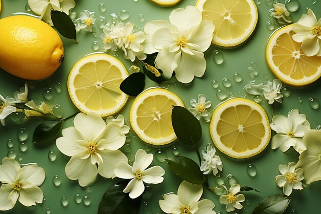 Disposizione vibrante di limoni e fiori su una superficie verde rinfrescante con intelligenza artificiale generativa dell'acqua