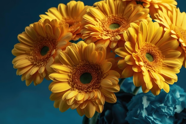 Disposizione visiva creativa con fiori di gerbera gialli su sfondo blu vibrante AI generato