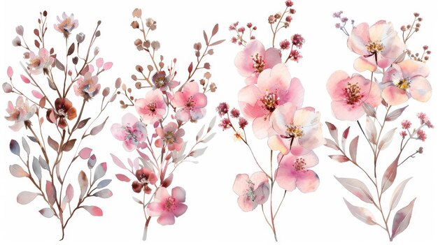 Disposizioni ad acquerello rosa di fiori set bundle bouquet con fiori selvatici foglie rami Illustrazione di botanici
