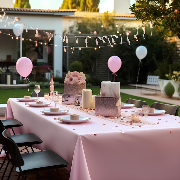 Disposizioni del tavolo per una festa di compleanno rosa in giardino
