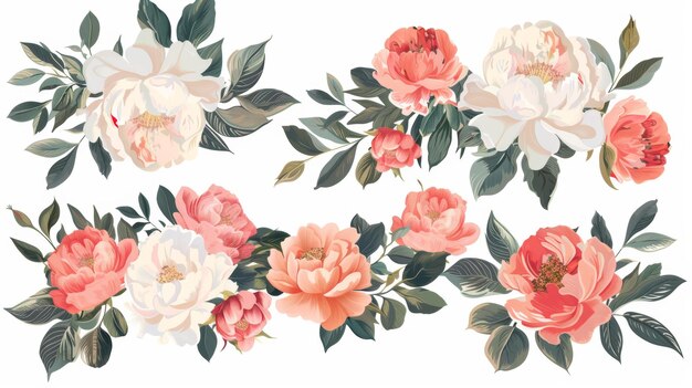 Disposizioni floreali con rose rosa e peonie Illustrazione moderna di fiori romantici da giardino