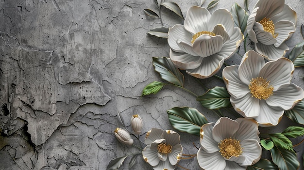 Disposizioni floreali volumetriche su un vecchio muro di cemento con elementi d'oro