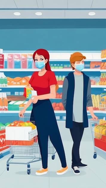 Distanziamento sociale al supermercato con due clienti in maschera cartoon