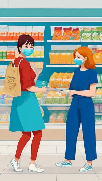 Distanziamento sociale al supermercato con due clienti in maschera cartoon