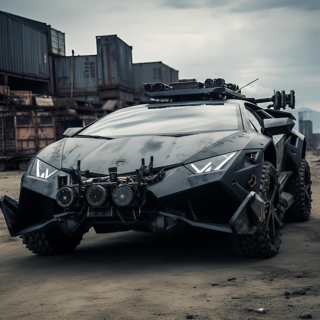 Distretto 9 Road Rage Texture immersive di una Lamborghini Huracan nera armata con Mach montato