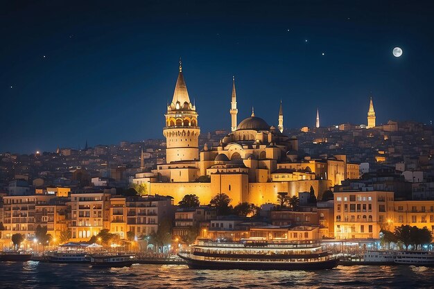 Distretto storico di Beyoglu e torre Galata illuminata punto di riferimento medievale di Istanbul di notte