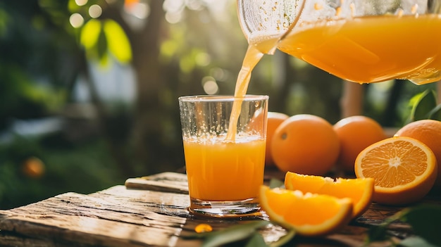 Distribuire succo di arance appena spremuto su un tavolo di legno in mezzo a un frutteto di arance