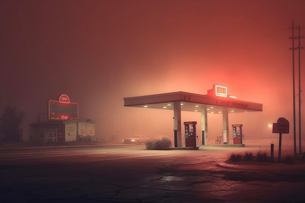 Distributore di benzina retrò al neon di notte Riflessi di nebbia e pioggia sull'asfalto IA generativa