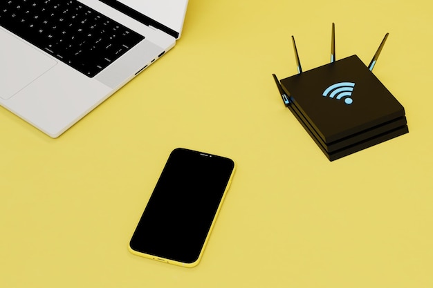 Distribuzione del segnale WiFi attraverso lo smartphone portatile del router e il router WiFi su sfondo giallo rendering 3D