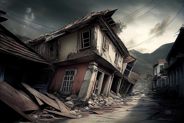 Distruzione di edifici e muri di case dopo il terremoto