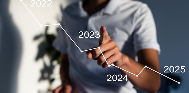 Dito che preme il pulsante blu start 2023 sull'interfaccia virtuale su sfondo grigio con spazio per la copia del testo. Concetto di nuovo anno. Uomo d'affari che preme 2023 avvia attività. Inizio del nuovo anno 2023