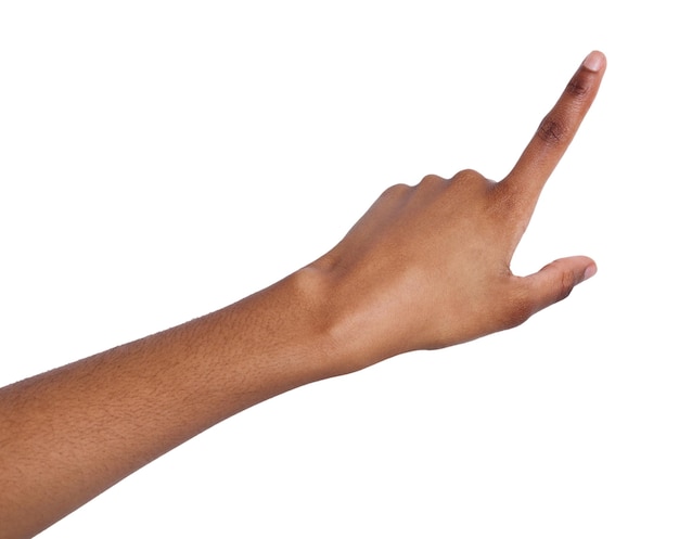 Dito del punto della mano femminile nero. Gesti delle mani - donna che punta su un oggetto virtuale con l'indice, isolato su sfondo bianco