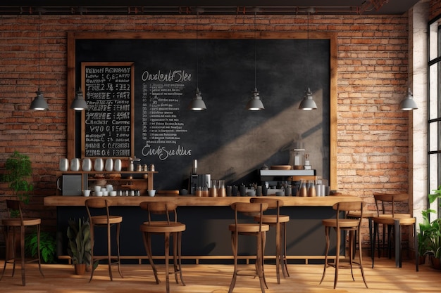 Diurno all'interno del caffè con bancone in legno 3D con muro di mattoni rossi menu lavagna e tazza