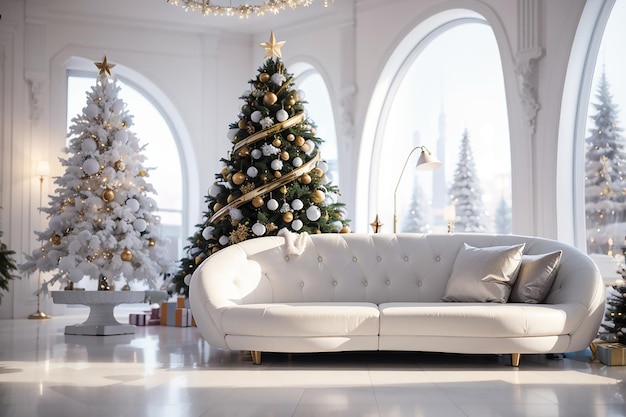 Divano bellissimo salotto Ohite e un albero di Natale decorato accanto al divano finestrino