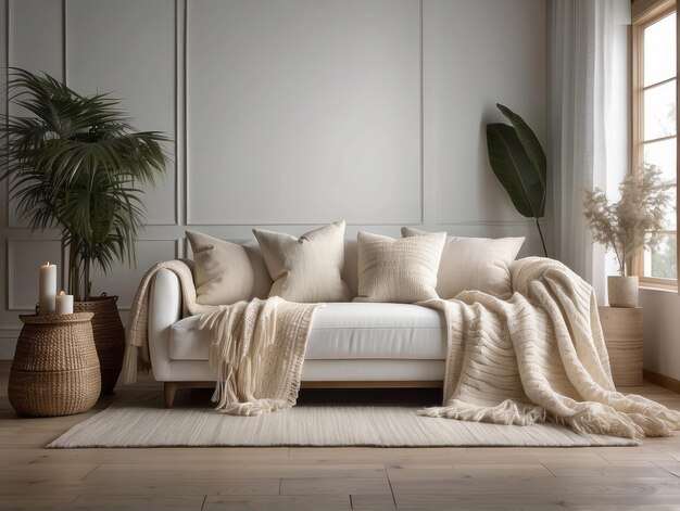 Divano bianco con cuscini a frange e coperta a maglia Boho home interior design di salotto moderno