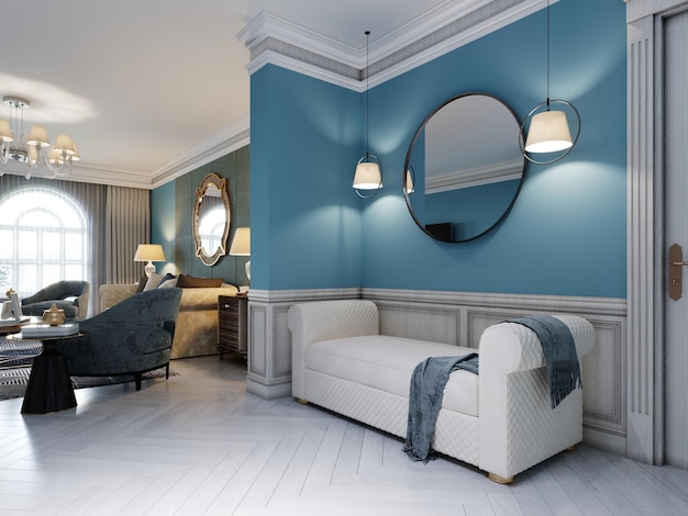 Divano bianco nel corridoio nell'appartamento moderno in stile provenzale con pareti blu e pannelli a parete e pavimento bianchi. Rendering 3D.