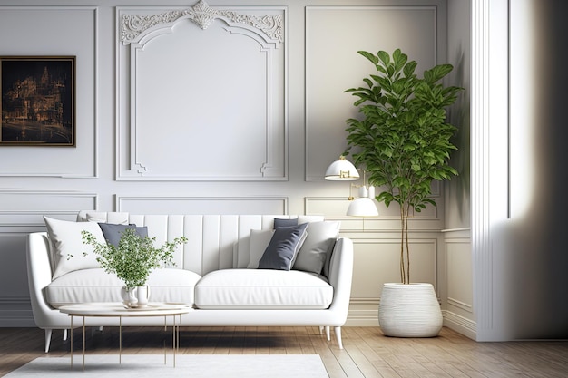 Divano bianco nel soggiorno contemporaneo in stile scandinavo nella decorazione