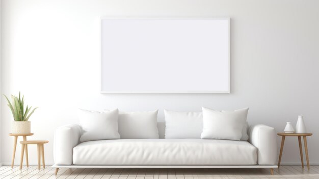 Divano bianco nel soggiorno moderno con poster bianco sul modello di poster a parete