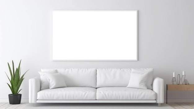 Divano bianco nel soggiorno moderno con poster bianco sul modello di poster a parete