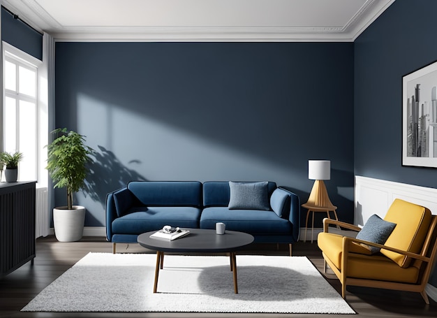 Divano blu scuro e poltrona reclinabile in appartamento scandinavo Design degli interni del soggiorno moderno