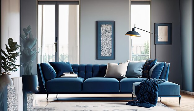 Divano blu scuro e poltrona reclinabile in appartamento scandinavo Design degli interni del soggiorno moderno