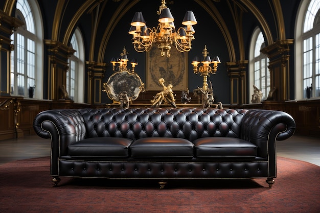 divano Chesterfield in nero antico nello stile dell'illuminazione drammatica barocca generata